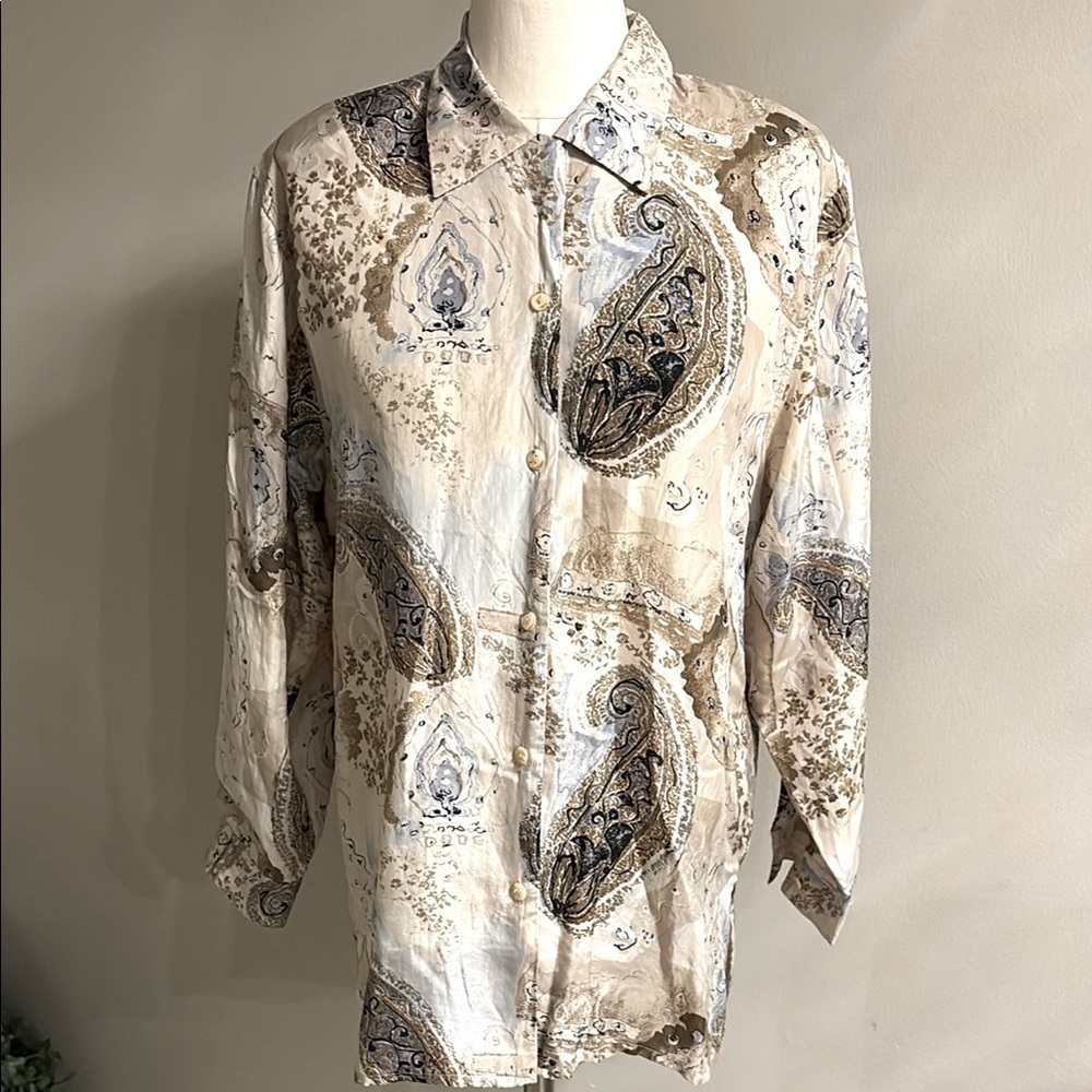 Stunt 80s vintage 100% silk washable button up tunic blouse paisley natural M